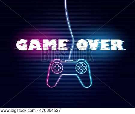 Game Over Poster With Lowpoly Elements. Neon Game Controller. Hree Color Half-shifted Letters. Retro