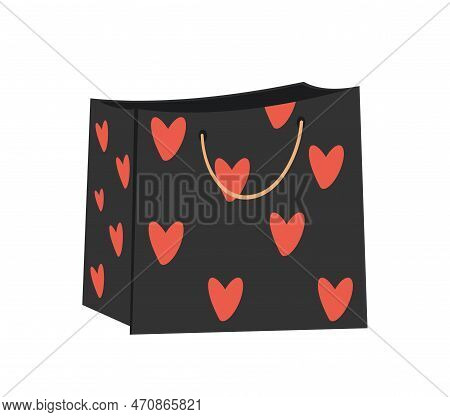 Gift Bag Concept. Present Or Surprise In Dark Package With Red Heart. Valentnes Day Or Birthday Part