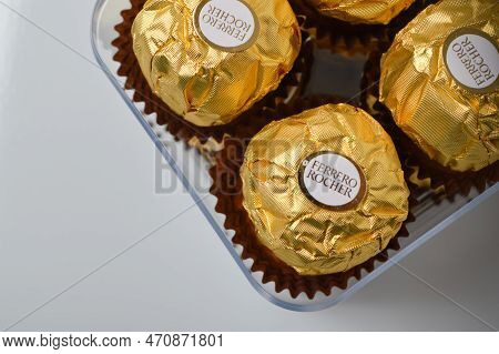 Klang, Malaysia: February 17, 2023- Ferrero Rocher In A Box. Ferrero Rocher Is A Decadent Chocolate 