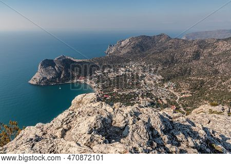 View Of The Resort City Novyi Svet And Green Bay From The Top Of Sokol Mountain In Spring. Crimea.
