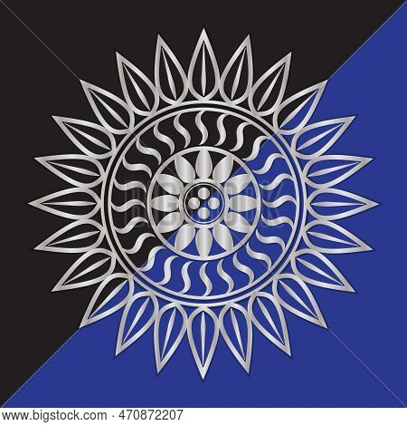 Metallic Mandala Flower Design Vector In Black And Navy Blue Background. Flower Icon, Flower Symbol.