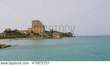 View Of The Atlit Beach And Ruins Of The Chateau Pelerin Fortress, Northern Israel