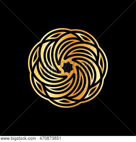Abstract Circular Geometric Symbol Design With Modern Style And Shinny Golden Color. Isolated On Bla