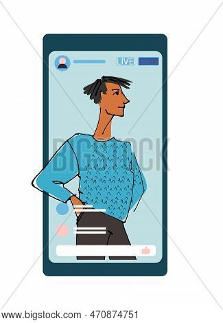 Young Man, Girl Waving Hand From Phone Screen. Flat Style, Isolated Vector Element