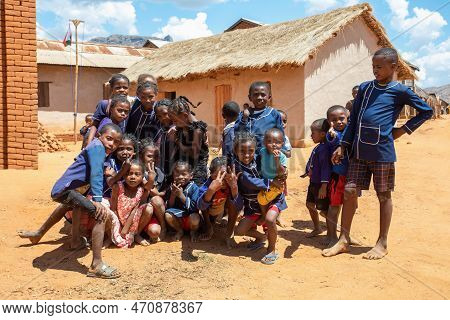 Vohitsaoka, Ambalavao, Madagascar - November 17. 2022: Group Of Happy Malagasy School Children Stude