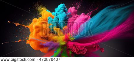 Blown Up Holi Powder In A Colorful Fashion. Festivities And Celebrations Associated With Holi. Wide