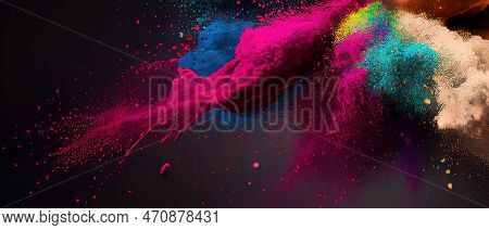 Blown Up Holi Powder In A Colorful Fashion. Festivities And Celebrations Associated With Holi. Wide