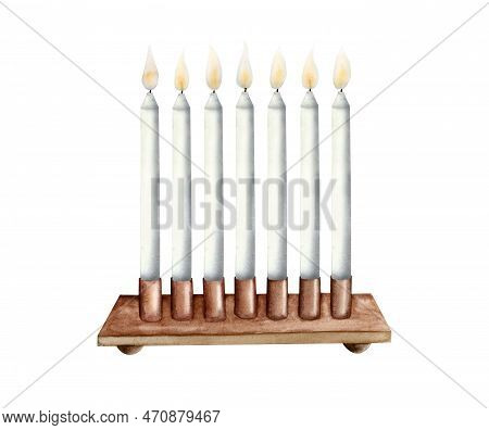 Watercolor Bronze Candlestick With Seven Burning Candles, Watercolor Jewish Menorah. Passover Seder 