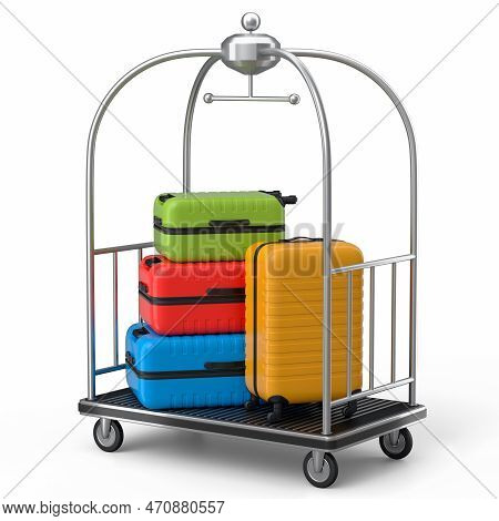 Regular Suitcase On Hotel Trolley Cart For Carrying Baggage On White Background