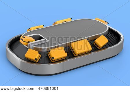 Airport Luggage Conveyor Belt Or Baggage Claim Area With Suitcases On Blue.
