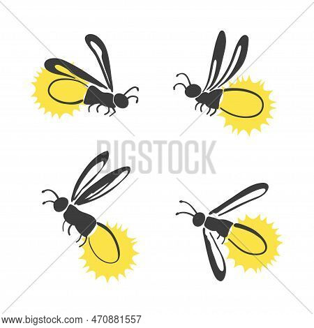 Firefly Set. Vector Illustration Of Cartoon Glowworms. Funny Bugs. Vector Illustration