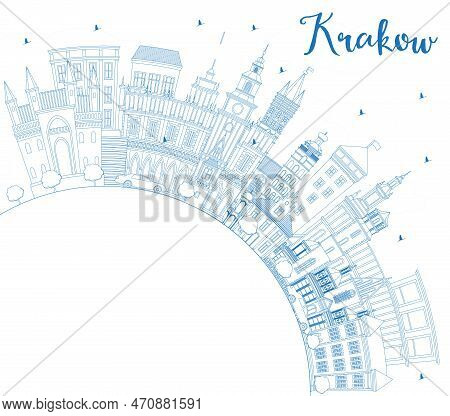 Outline Krakow Poland City Skyline With Blue Buildings And Copy Space. Vector Illustration. Business