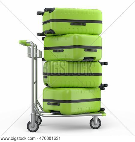 Regular Suitcase On Hotel Trolley Cart For Carrying Baggage On White Background