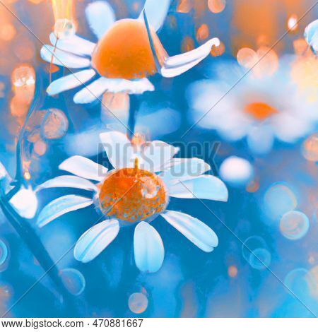 Daisies Defocused. White Daisy Flowers On Abstract Blue And Orange Background With Bokeh. Postcard O
