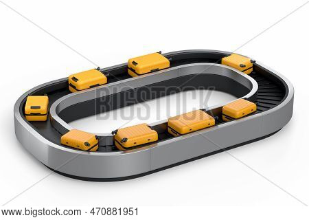 Airport Luggage Conveyor Belt Or Baggage Claim Area With Suitcases On White.