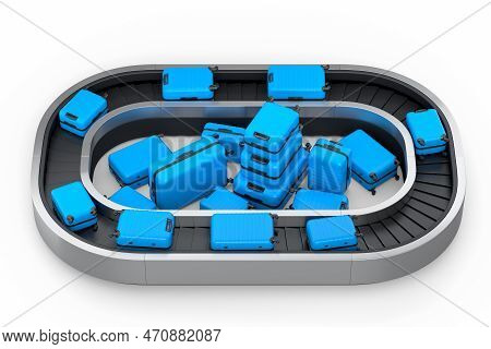 Airport Luggage Conveyor Belt Or Baggage Claim Area With Suitcases On White.