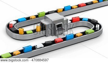 Airport Luggage Conveyor Belt Or Baggage Claim Area With Suitcases On White.