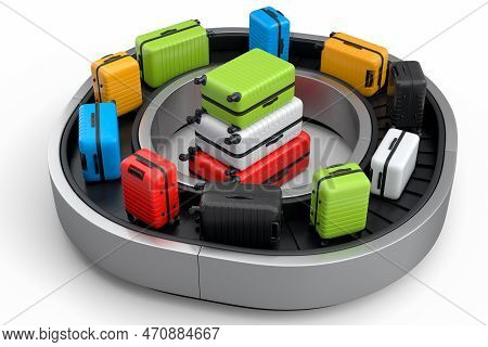 Airport Luggage Conveyor Belt Or Baggage Claim Area With Suitcases On White.