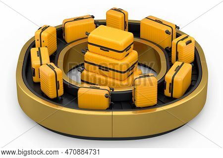 Airport Luggage Conveyor Belt Or Baggage Claim Area With Suitcases On White.