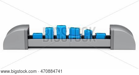 Airport Luggage Conveyor Belt Or Baggage Claim Area With Suitcases On White.