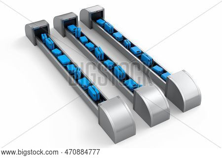 Airport Luggage Conveyor Belt Or Baggage Claim Area With Suitcases On White.