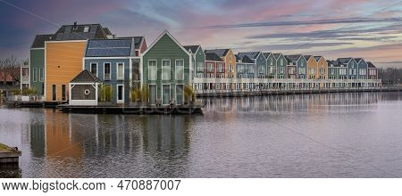 Panorama Of Famous Colorful Wooden Houses By The Rietplas Lake In Houten, Province Utrecht, The Neth
