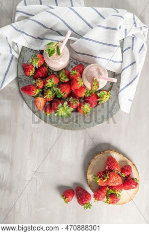 Glasses Of Smoothie Milky Strawberry Blended With Yogurt Or Milk Tasty Morning Breakfast Drink