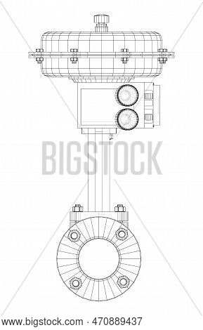 Valve With Automatic Electro-actuated. 3d Illustration. Wire-frame Style. Orthography Or Isometric