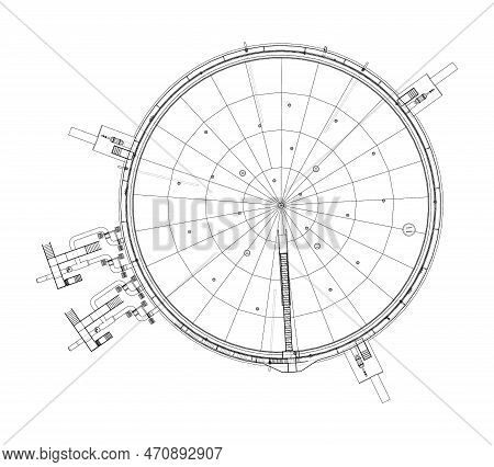 Large Oil Tank With Floating Roof. 3d Illustration. Wire-frame Style. Orthography