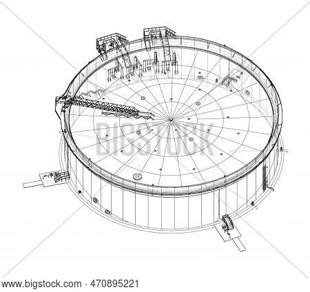 Large Oil Tank With Floating Roof. 3d Illustration. Wire-frame Style. Orthography