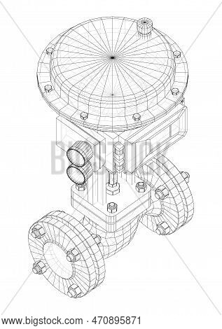 Valve With Automatic Electro-actuated. 3d Illustration. Wire-frame Style. Orthography Or Isometric