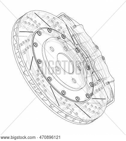 Brake Disc Outline. 3d Illustration. Wire-frame Style. Orthography Or Isometric
