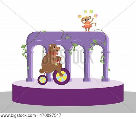 Comic Bear Cycling And Monkey Juggling Balls Vector Illustration. Circus Scene Or Stage, Cartoon Dra