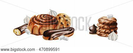 Watercolor Set Of Compositions With Cinnamon Bun, Biscuits, Marshmallows In Chocolate, Meringue, Ecl