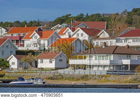 White Houses At Hvaler Island Norway Sunny Autumn Day