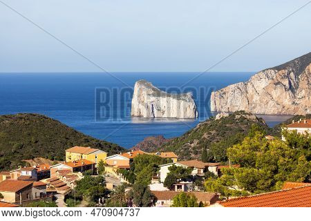 Small Touristic Town, Nebida, On The Sea Coast. Sardinia, Italy. Sunny Day,
