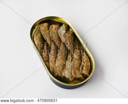 Canned Fish In A Jar. Sprats In A Tin Can. Fish In Oil.