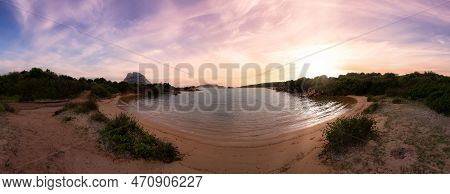Beach On The Mediterranean Sea. Punta Don Diego, Sardinia, Italy. Dramatic Sunrise Sky Art Render. N