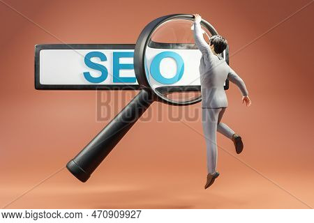 Floating Search Box Businessman Hanging On Large Magnifying Glass Concept For Websearch Seo Search E