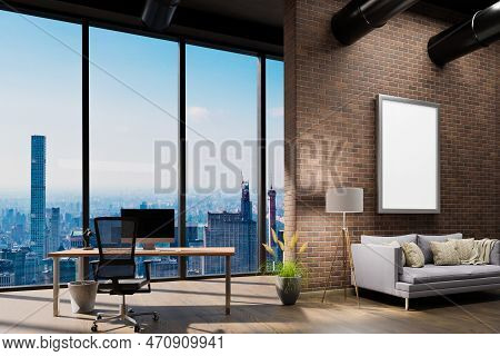 Large Urban Skyline Loft Office With Red Brickstone Wall And White Canvas Mock Up; Cozy Vintage Inte