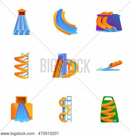 Modern Aquapark Icon Set. Cartoon Set Of 9 Modern Aquapark Icons For Web Design Isolated On White Ba