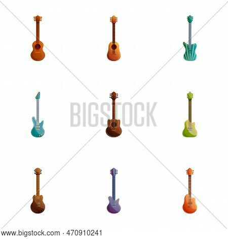 Electric Guitar Icon Set. Cartoon Set Of 9 Electric Guitar Icons For Web Design Isolated On White Ba