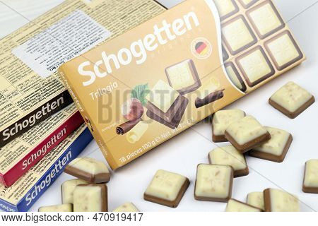Kyiv, Ukraine - May 4, 2022 Schogetten Chocolate. Chocolate Goods Produced By Ludwig Schokolade Gmbh