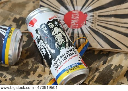 Kyiv, Ukraine - May 4, 2022 Localy Brewed Beer Called Fights Will Go On As Long As They Have To Feat