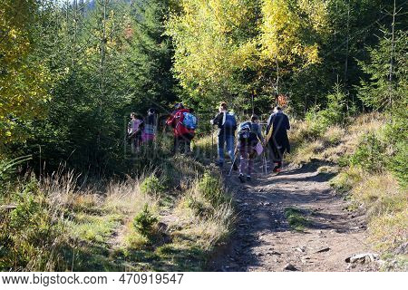 Carpathian Mountains, Ukraine - October 8, 2022 Mount Hoverla. Carpathians In Ukraine In Autumn. Tou
