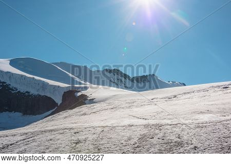 Minimalist Mountain Landscape With Large Glacier In Sunlight. Simple Snowy Minimalism With Glacial T