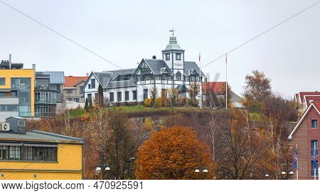 Fredrikstad, Norway - October 31, 2016: Valhalla Hotel Apartment At Top Of Hill In Town At Foggy Day