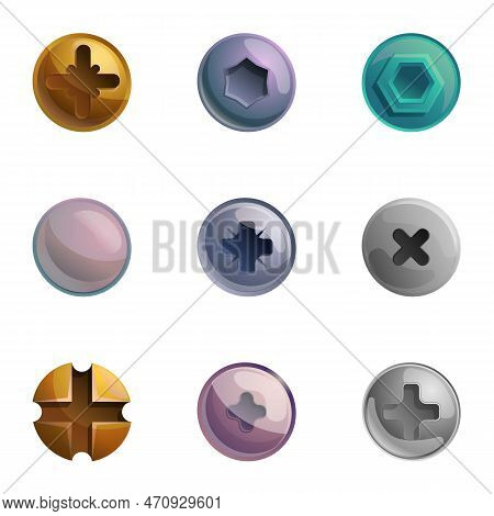 Screw Bolt Head Icon Set. Cartoon Set Of 9 Screw Bolt Head Icons For Web Design Isolated On White Ba
