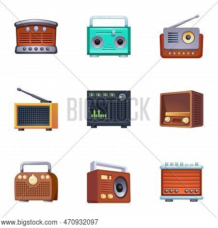 Vintage Radio Icons Set. Cartoon Set Of Vintage Radio Icons For Web Design