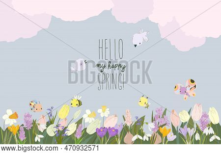 Horizontal Border With Spring Meadow Plants And Insects. Green Grass, Colorful Flowers, Bee And Butt